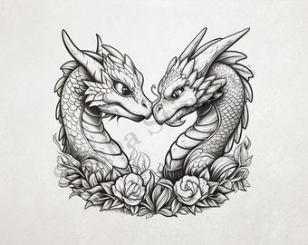 Dragons Nose-to-nose In Love Wrapped In Flowers Romantic St. Valentine's Day Outline Art PNG+SVG Transparent Background Digital Art  Sticker