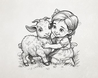 Goat Kid Hugged By Small Girl With Braided Hair And Bow Outline Art Transparent PNG+SVG Fun Digital Sticker Domestic Farm Animal
