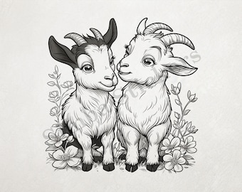 Goat Kids In Love With Flowers St. Valentine's Day Romantic Outline Art Transparent PNG+SVG Fun Digital