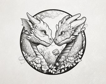 Dragons Nose-to-nose In Love With Flowers In Circle  Romantic St. Valentine's Day Outline Art PNG+SVG Transparent Background Digital Sticker