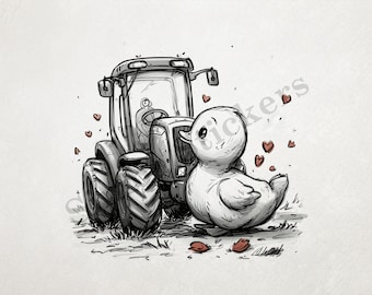 Duckling Glancing Lovingly At Farmer's Tractor Outline Art Transparent PNG+SVG Fun Digital Sticker Domestic Farm Animal