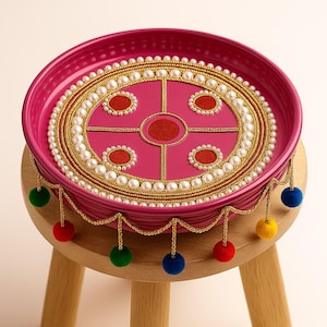 Handcrafted Dark Pink Pooja Thali: Pearl & American Diamond Wedding Plate