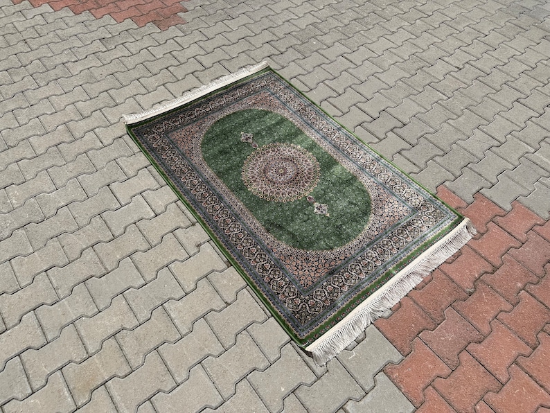 3x5 Green Classic Persian Silk Rug, 3x5 Area Rug, Living Room Rug