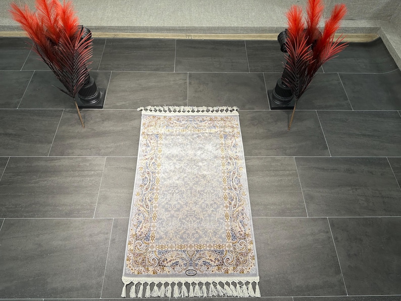 Gray Cream Bamboo Silk Rug 90x60cm, Turkish Boho Carpet, Mini Area Rug ...