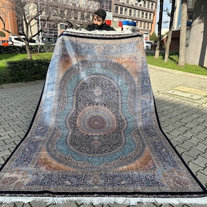 7x10 Bamboo Silk Rug: Navy Medallion Design Carpet