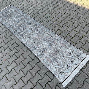 Black & Gray Silk Runner Rug: Turkish Hallway Carpet (3x10)