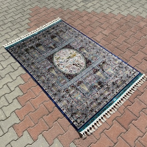 4x6 Navy Blue Bamboo Silk Rug: Turkish Carpet