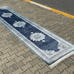 Navy Blue Silk Runner Rug: Classic Turkish Hallway Carpet (3x13)