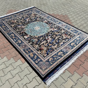 Navy Blue Bamboo Silk Rug 7x10: Animal Patterned Turkish Carpet