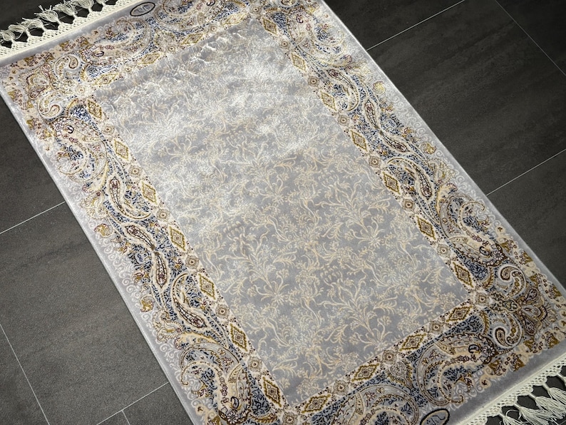 Gray Cream Bamboo Silk Rug 90x60cm, Turkish Boho Carpet, Mini Area Rug ...