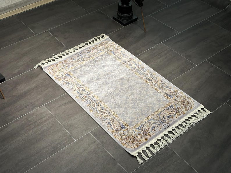 Gray Cream Bamboo Silk Rug 90x60cm, Turkish Boho Carpet, Mini Area Rug ...