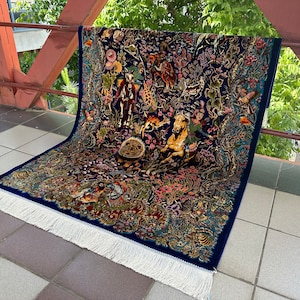 4x6 Hunting Design Silk Rug, Area Rug, Pure Silk Rug, 4x6 Carpet, Rug For Gift, High Quality Silk Rug, Living Room Rug, Gift For Dad,4x6 Rug