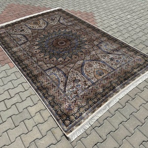 7x10 Cream Persian Silk Rug, Oversized Silk Rug, 7x10 Area Silk Rug, Top Quality Silk Rug,7x10 Classic Design Silk Rug,Anatolian Silk Carpet