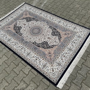 150x250 Bambus-Seidenteppich: Traditioneller Türkischer Teppich, Marine-Creme