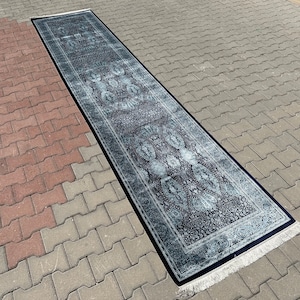 Navy Blue Bamboo Silk Runner Rug: Handcrafted Hallway Carpet (3x13)