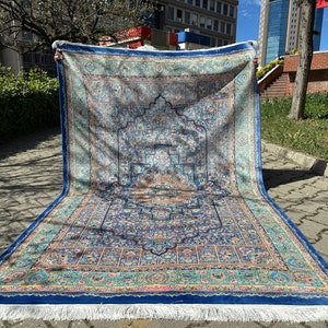 5x8 Traditional Silk Rug, Blue Silk Rug, 5x8 Carpet, Rug For Gift, Bamboo Silk Rug, Hight Quality Silk Rug, Persian Silk Rug,Unique Silk Rug