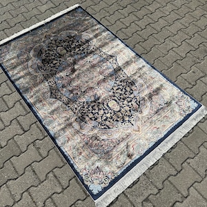 Navy Blue Bamboo Silk Rug: Persian Qum Design, 4x6 Area Rug