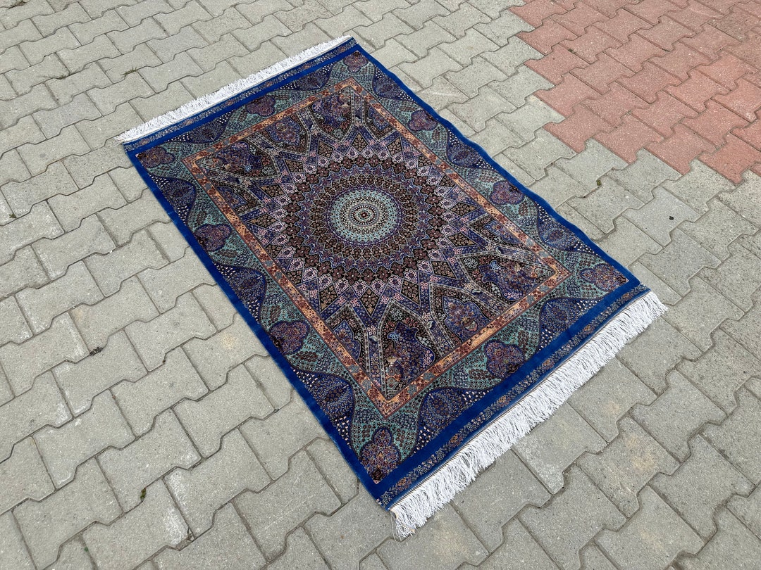 3x5 Kashmıre Classic Design Silk Rug, 3x5 Anatolian Silk Rug, Blue Rug ...