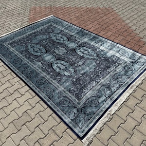 7x10 Navy Blue Bamboo Silk Rug: Persian Style Area Rug