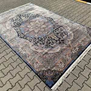 7x10 Navy Blue Persian Rug: Bamboo Silk Living Room Carpet