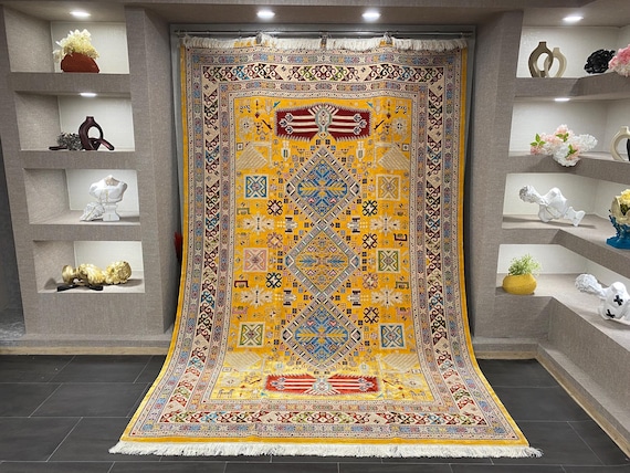 Yellow Wool and Silk Area Rug, 7x10 Ft Turkish Carpet