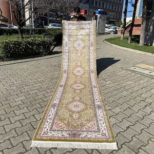 Green Turkish Silk Runner Rug: 3x13 Hallway Carpet