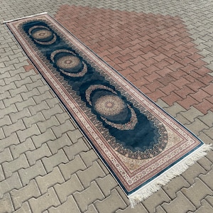 Blue Silk Runner Rug: Classic Turkish Design (3x13)