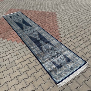 Navy Blue Silk Runner Rug: Turkish Hallway Carpet (3x13)
