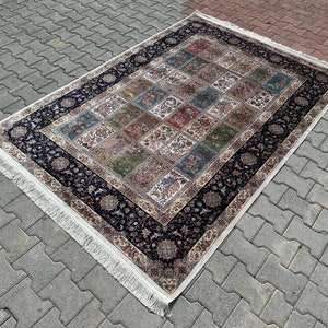 5x8 Bamboo Silk Turkish Rug: Cream Brown Qum Carpet