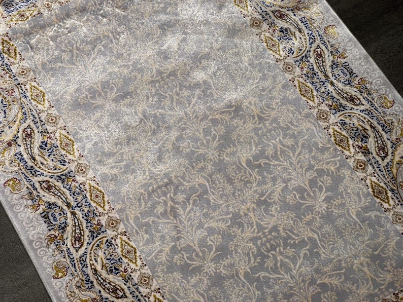 Gray Cream Bamboo Silk Rug 90x60cm, Turkish Boho Carpet, Mini Area Rug ...