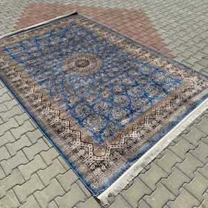 7x10 Blue Bamboo Silk Rug: Oversized Persian Style Area Rug