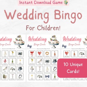 Bingo de bodas para niños / Juego de bingo de bodas / Juegos de invitados de bodas / Juegos de bodas para niños / Boda imprimible / Conjunto de 10 cartas únicas