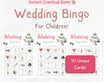 Hochzeitsbingo für Kinder | Hochzeits-Bingo-Spiel | Hochzeit Gastspiele | Hochzeitsspiele für Kinder | Hochzeit Printable | Set aus 10 einzigartigen Karten
