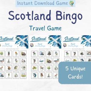 Scotland Travel Bingo per bambini / Gioco del Bingo in Scozia / Giochi di viaggio per famiglie / Giochi di vacanze in viaggio / Set da 5
