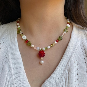 Red Raspberry Garden Necklace, Freshwater Pearl Necklace