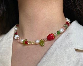 Strawberry Garden Necklace, Freshwater Pearl Necklace