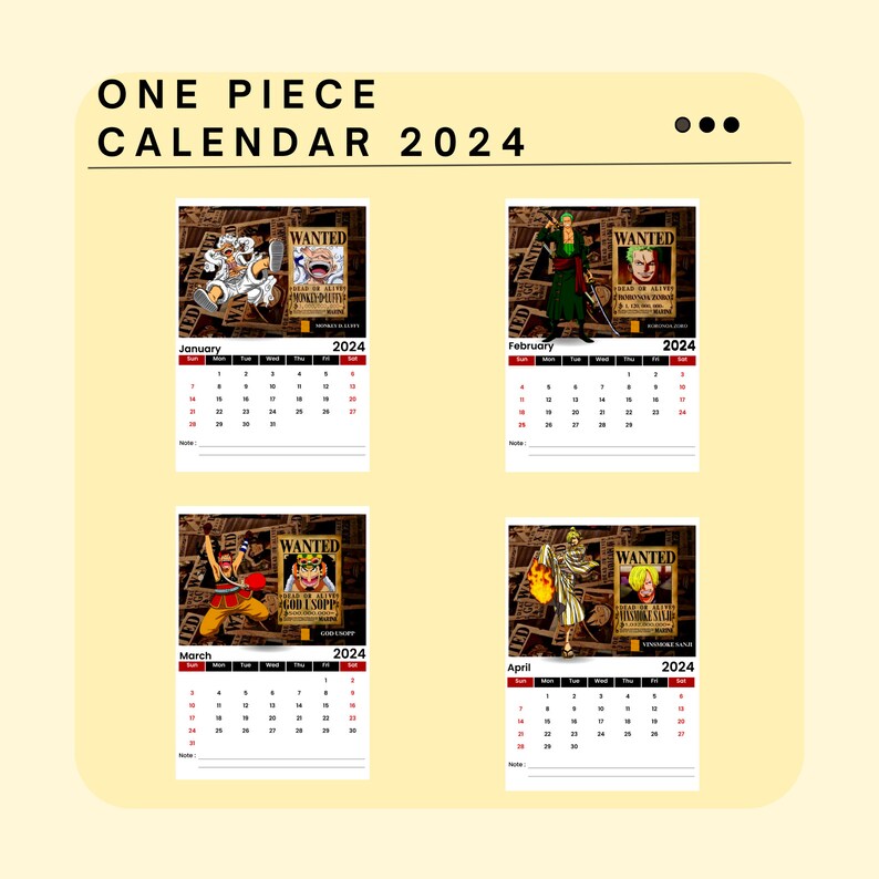 One Piece Wano Arc I Wanted Poster 2024 Printable Calendar, Digital Download, Monday Start I