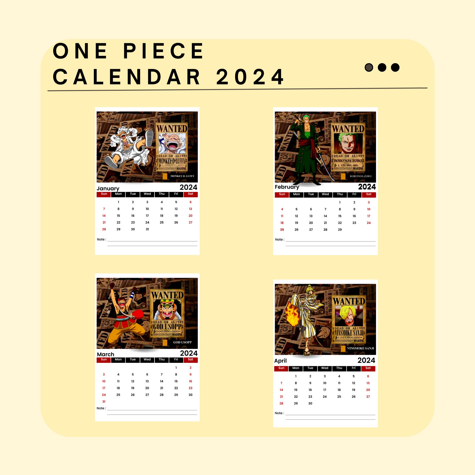 One Piece Wano Arc I Wanted Poster 2024 Printable Calendar, Digital