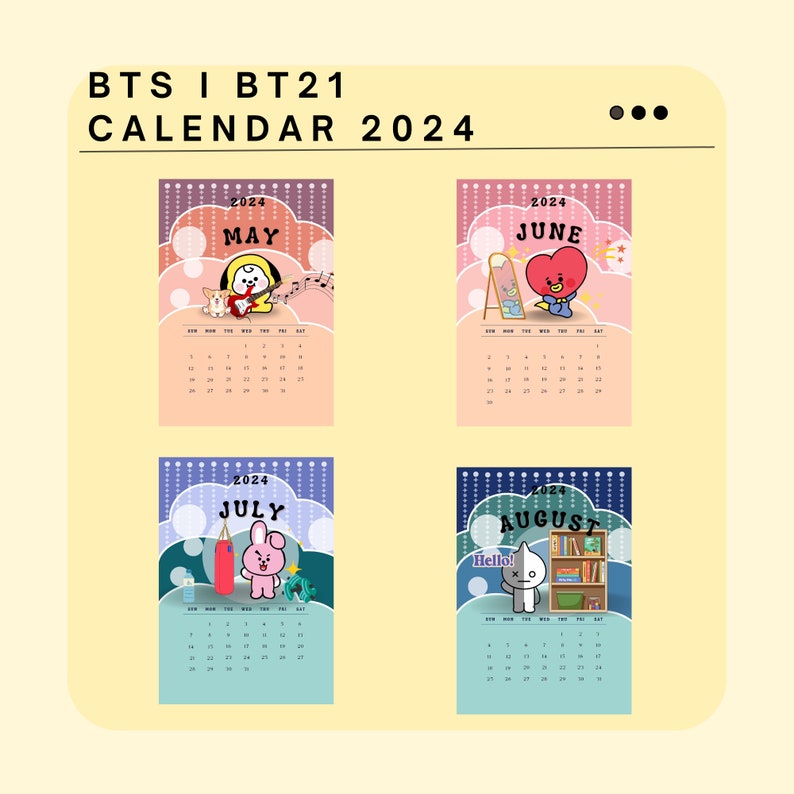 BTS I BT21 2024 Printable Calendar, Digital Download, Monday Start I 21