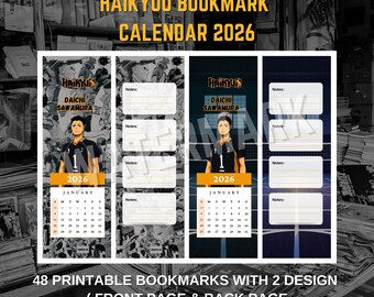 Set of 48 with 2 design &quot;2026 HAIKYUU Calendar&quot; Printable Bookmarks, High-Quality PDF, Instant Digital Download, Monthly Bookmarks