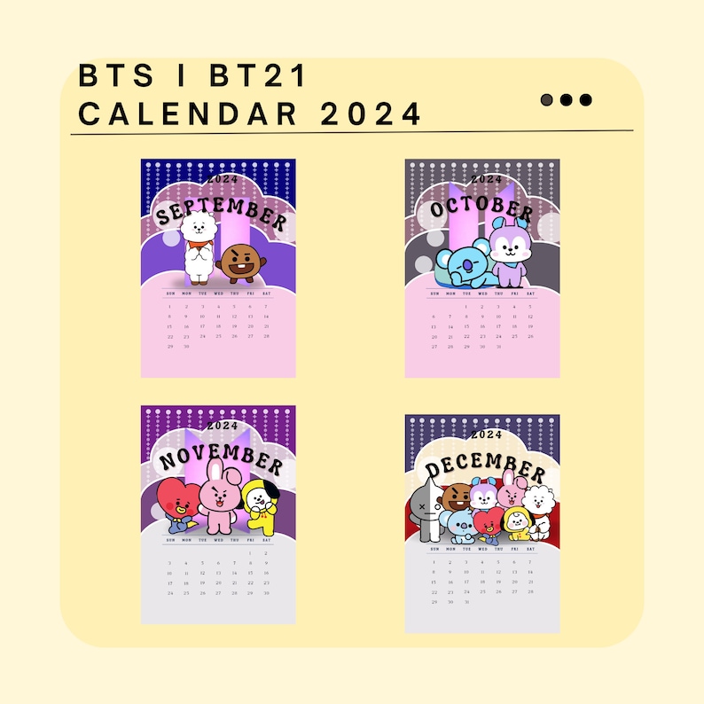 BTS I BT21 2024 Printable Calendar, Digital Download, Monday Start I 21
