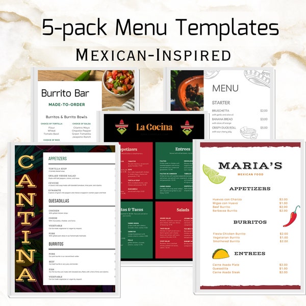 Mexican Food Menu Templates (5-pack) | Fully Editable Canva Templates Printable | Restaurant Bar Food Truck Burrito Bar Cantina Wedding