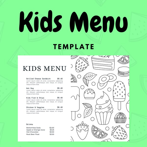 Kids Menu Template | Activities for Kids | Coloring Page | For Restaurants and Bars | Young Kids ADHD Menu Activity |