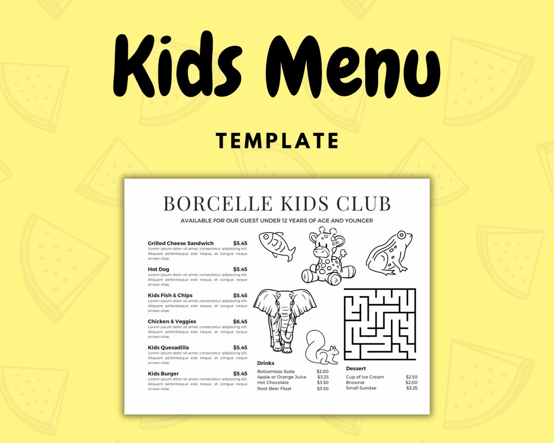 Kids&rsquo; Coloring Activity Menu Template for Restaurants and Bars - Etsy
