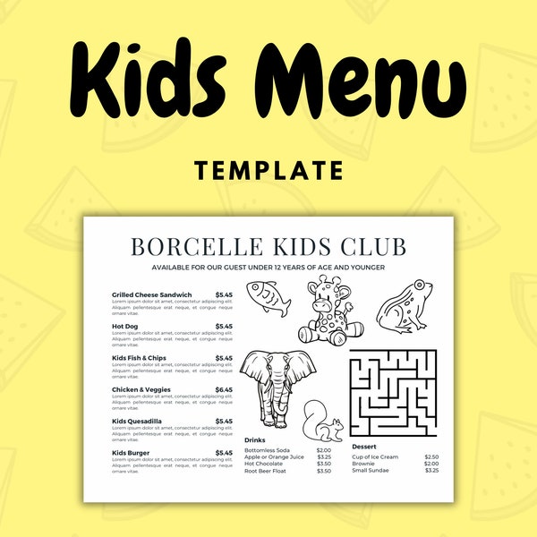 Menu Template for Kids | Coloring Activity Page | Restaurants Bars Events | Children Activities | Canva Editable Printable Template