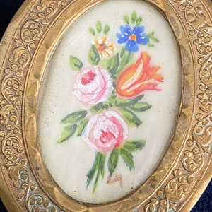 Antique French miniature painting brooch, floral hand painted jewellery , tiny flowers handcrafted vintage with trombone clasp