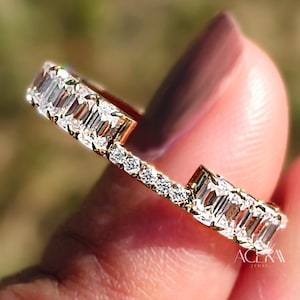 Custom Notched Wedding Band, Emerald Cut Moissanite Open Gap Ring, Stackable Open Cuff Ring, Enhancer Ring, Anniversary Gift for her