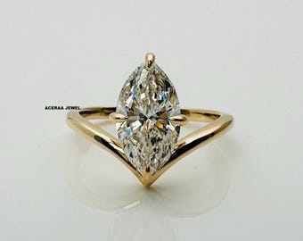 Solid 14K Gold Ring - Marquise Solitaire Ring - Moissanite Diamond Wedding Ring - Marquise Cut Diamond Engagement Ring - Unique Ring For Her