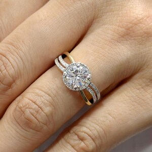 1 Carat Round Cut Lab Grown Diamond Wedding Ring Halo Engagement Ring Three Row Split Shank Anniversary Gift For Women Unique Handmade Ring