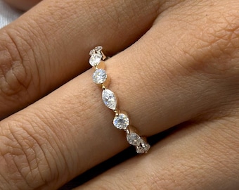 Alternating Diamond Band - Marquise And Round Cut Moissanite Diamond Band - Minimalist Band - Stackable Band - Half Eternity Wedding Band